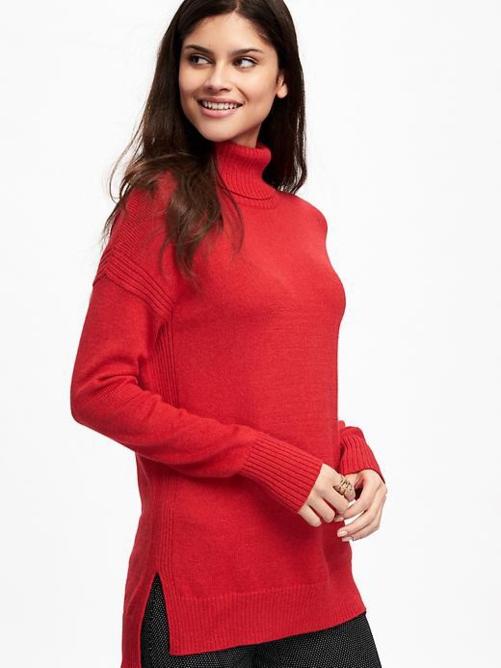 Old Navy Relaxed Hi-Lo Turtleneck Pullover Sweater in Red Buttons Size Medium